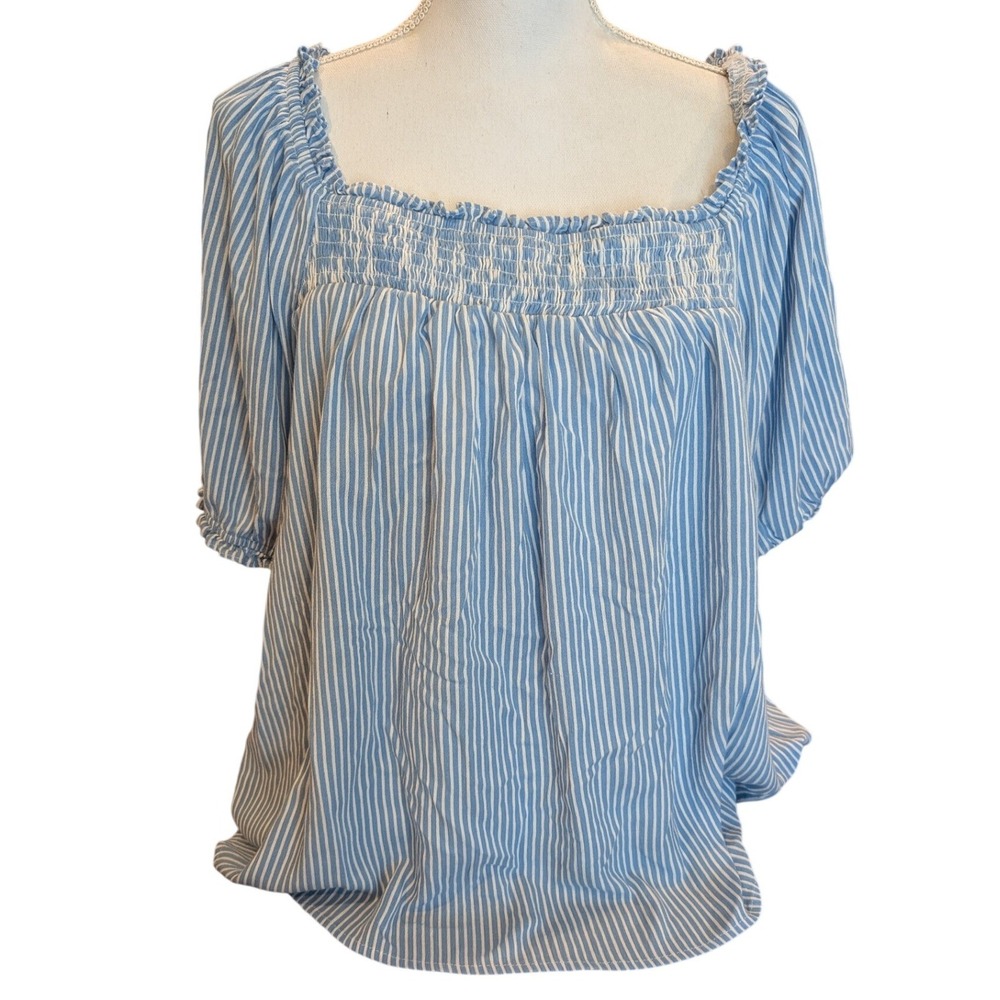 Torrid Blue White Striped Smocked Square Neck Puff Sleeve Blouse Plus Size 2